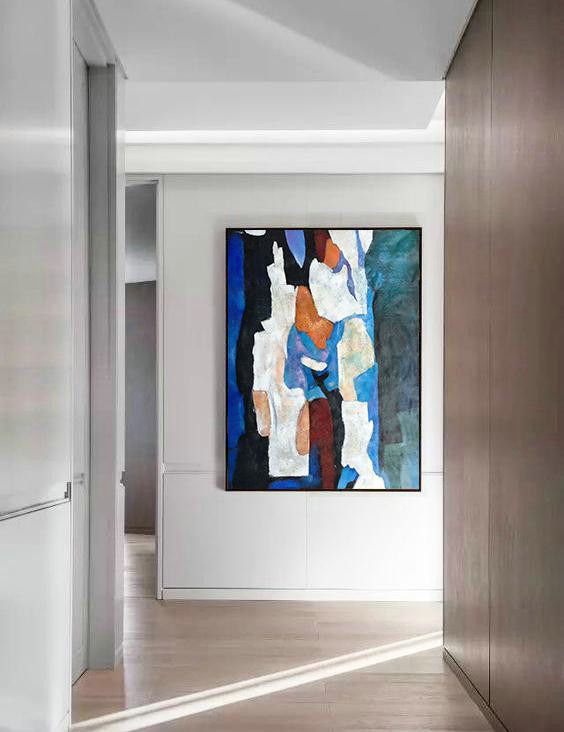 Hand Painted Large Vertical Contemporary Painting On Canvas,Original Abstract Painting Canvas Art,Blue,Black,White,Orange,Brown